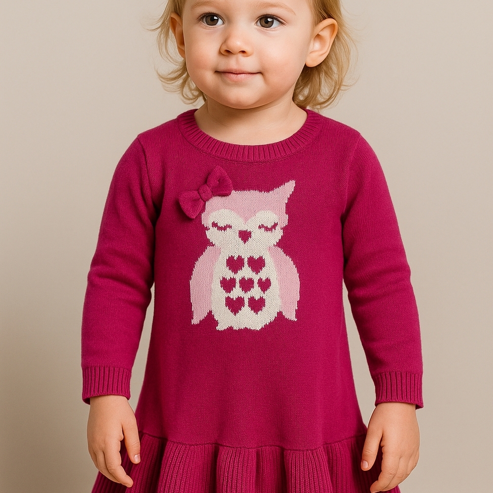 L) Blueberi Boulevard Owl Sweater Dress – Size 2T – Fuchsia Pink, Ruffle Hem